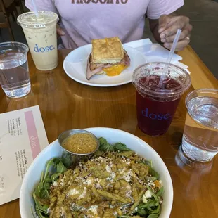 Street Corn Quinoa Salad, Egg and Cheddar biscuit with ham, lavender honey iced latte, elderberry hibiscus iced tea