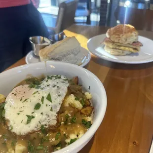 Breakfast poutine and a rosemary egg and cheese breakfast biscuit