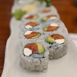 Bagel Roll. $7 for 8 pieces. Smoked salmon, avocado, cream cheese.