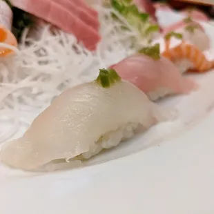 Flounder body meat (not fin, that&apos;s another piece in this photo out of focus) nigiri. Part of my Chef&apos;s Special ($40).