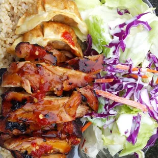 Teriyaki Chicken lunchbox with salad and choice of rice (white or brown) and you can have mandoo dumplings too