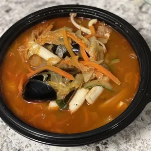 Jjamppong (Spicy Seafood Noodle). Very generous portion. Broth is slightly bland but fixable at home. Seafood boiled properly.