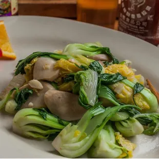 oriental greens with oyster mushrooms