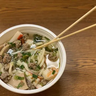 Udon Noodle Soup. Tasty filling and has a variety of elements included.