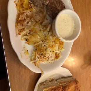 Biscuit, Hash Browns, and Sausage Patties w gravy.