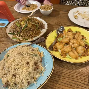 Honey Walnut Shrimp, beef lo mein, and yong chow fried rice.