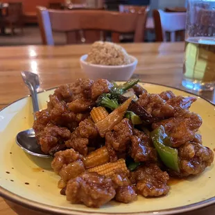 General Tso Chivken, fried rice and Sapporo beer