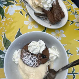 a bowl of ice cream and a slice of cake