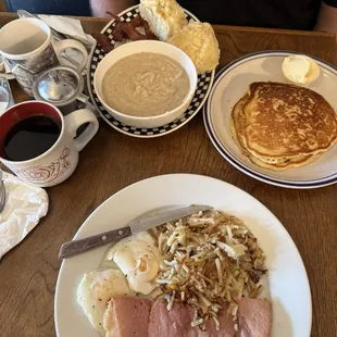 Biscuits and Gravy. Ham and eggs. Pancakes.