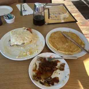 Arnold's eggs substitute bacon for ham and added a pancake and a side of hash browns.