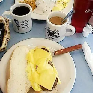 Scrambeled eggs, sausage patty &amp; cheese in po&apos; boy bead. Biscuits &amp; gravy with scrambled eggs &amp; hasbrowns.
