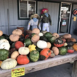 a display of pumpkins and gourds