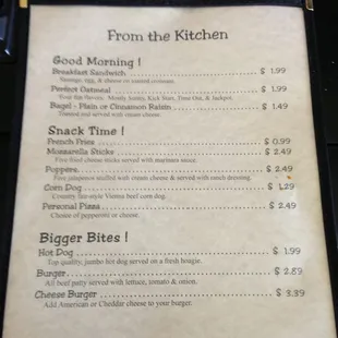 a menu for the kitchen