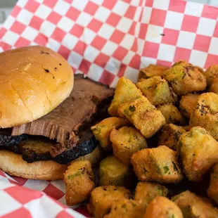 Sliced brisket sandwich with fried okra