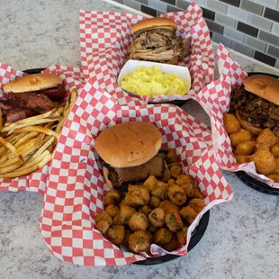 three baskets of food