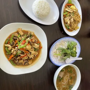thai basil chicken, kids noodles and small pho