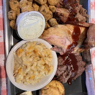 Smoked chicken, brisket, pulled pork, Mac &amp; Cheese &amp; fried okra