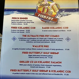 Fish Fry Menu Wednesday and Friday.