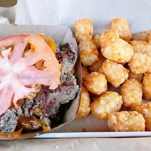 Double Decker Burger (no buns); Tater Tots