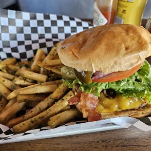 Western bacon burger and garlic fries