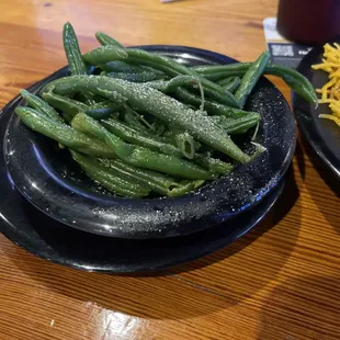 My side of fresh green beans, cooked just write with a little salt.