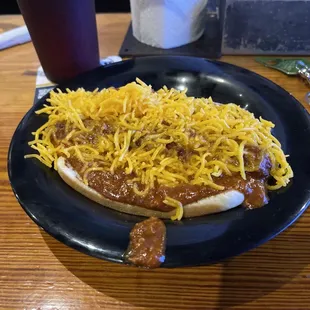 Hebrew national chili, cheese, dog.