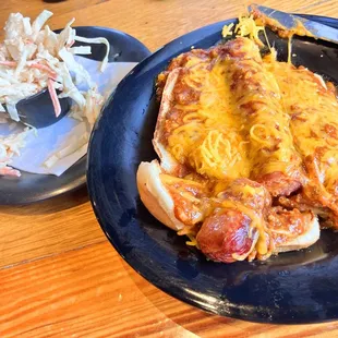 Chili cheese dog and a side of Cole slaw.