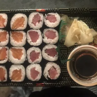 The smallest sushi rolls I've ever seen! Did not taste fresh &amp; rice was not fresh either.