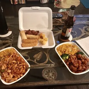 three dishes of food on a table