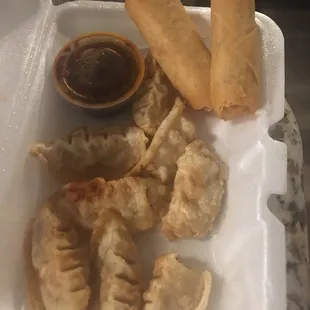Pot stickers and 2 Vegetable Spring Rolls