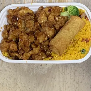 a meal in a styrofoam container