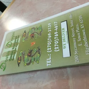 Take out menu