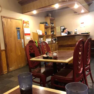 a table and chairs in a restaurant