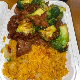 Beef 95. Beef with Broccoli. For $7.95, this is a HUGE serving.  Very generous.    Fresh whole broccoli. The beef is a bit seasoned.