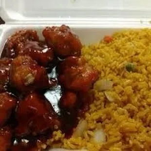 chicken and rice in a styrofoam container