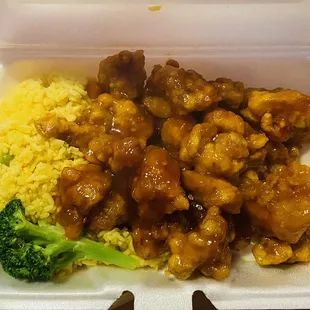 chicken and rice in a styrofoam container