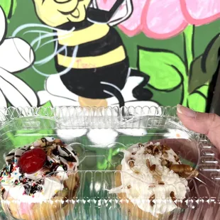 a hand holding a container of cupcakes