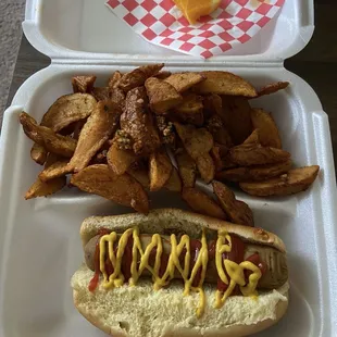 Plant based sausage and garlicky fries.