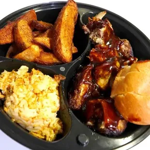 Barbecue baked chicken with Mac and fries