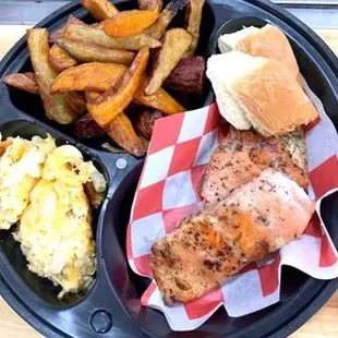 Pan seared garlic butter Salmon with steak fries and Mac &amp; cheese