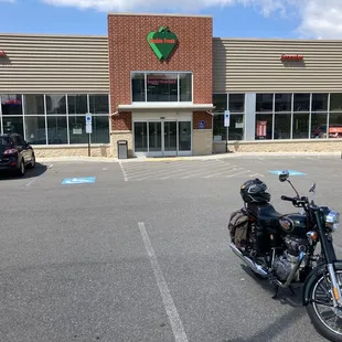 a motorcycle parked in a parking lot