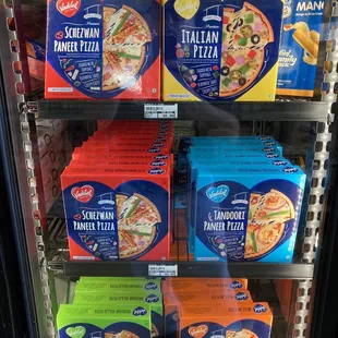 a display of frozen pizzas