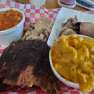 Sampler with ribs, pork, brisket, beans, and mac and cheese