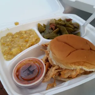 Pulled chicken, green beans and corn pudding