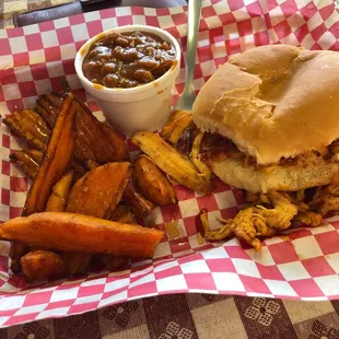Chicken sandwich baked beans sweet potato fries