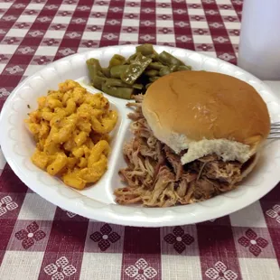 Small pulled pork sandwich, jacked Mac and cheese, and green beans