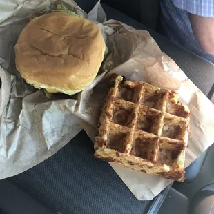 a waffle sandwich and a burger