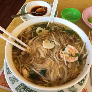 Their seafood pho has scallops! Add a little spice with their hot chili oil...