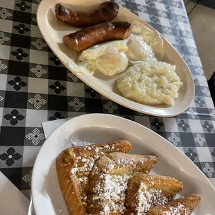 French toast, two eggs with sausage and grits
