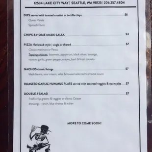 the menu for the restaurant